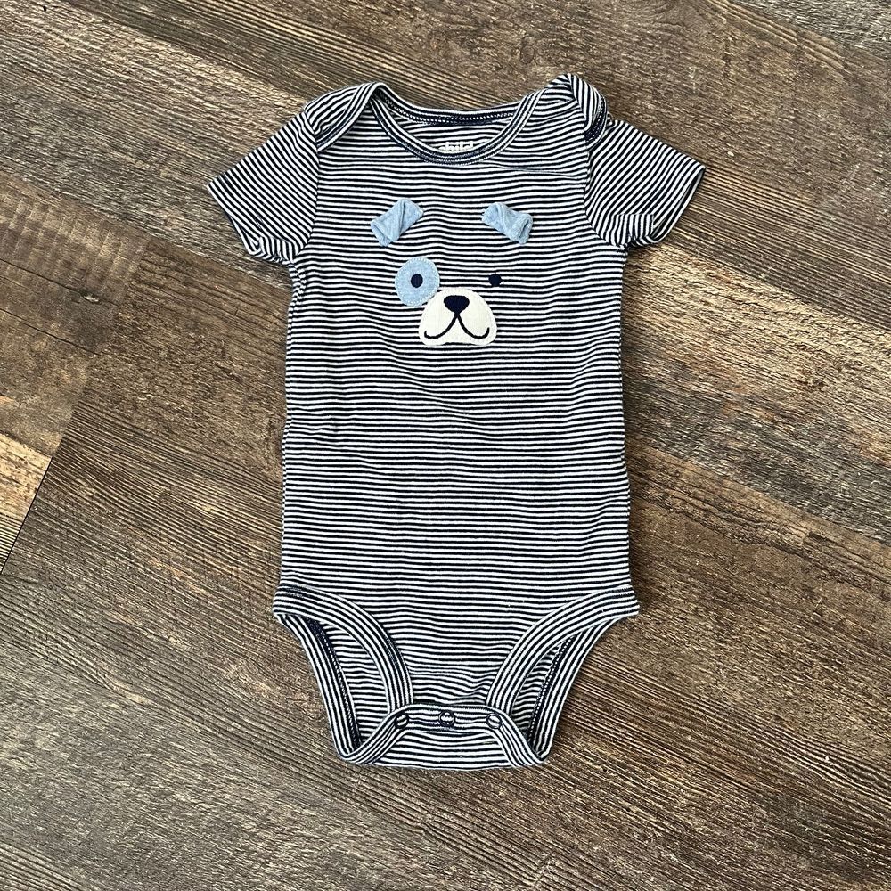 Adorable Striped‎ Baby Bodysuit with Bear Face Design Short Sleeve Cotton Onesie